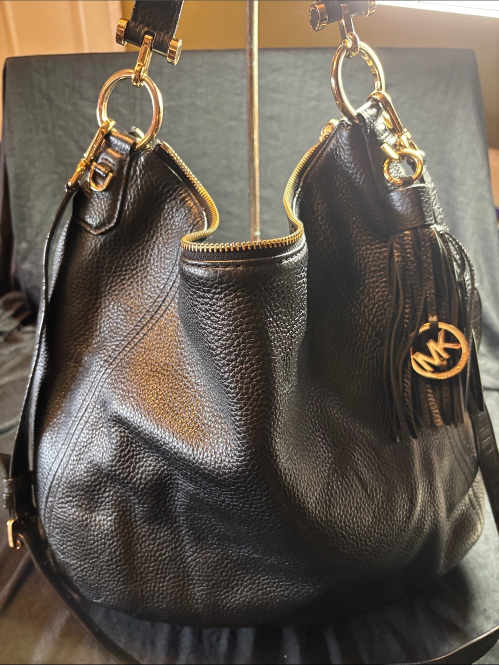 Michael Kors Black Pebbled Leather Hobo Shoulder Bag with Gold Accents